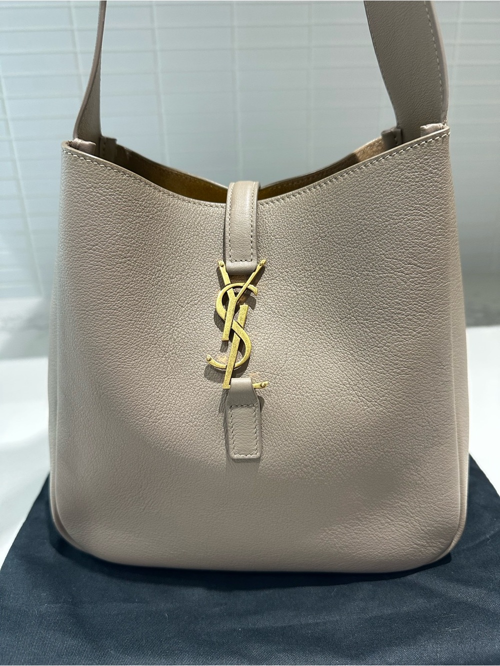 Saint Laurent Taupe Leather Shoulder Bag with Gold YSL Emblem